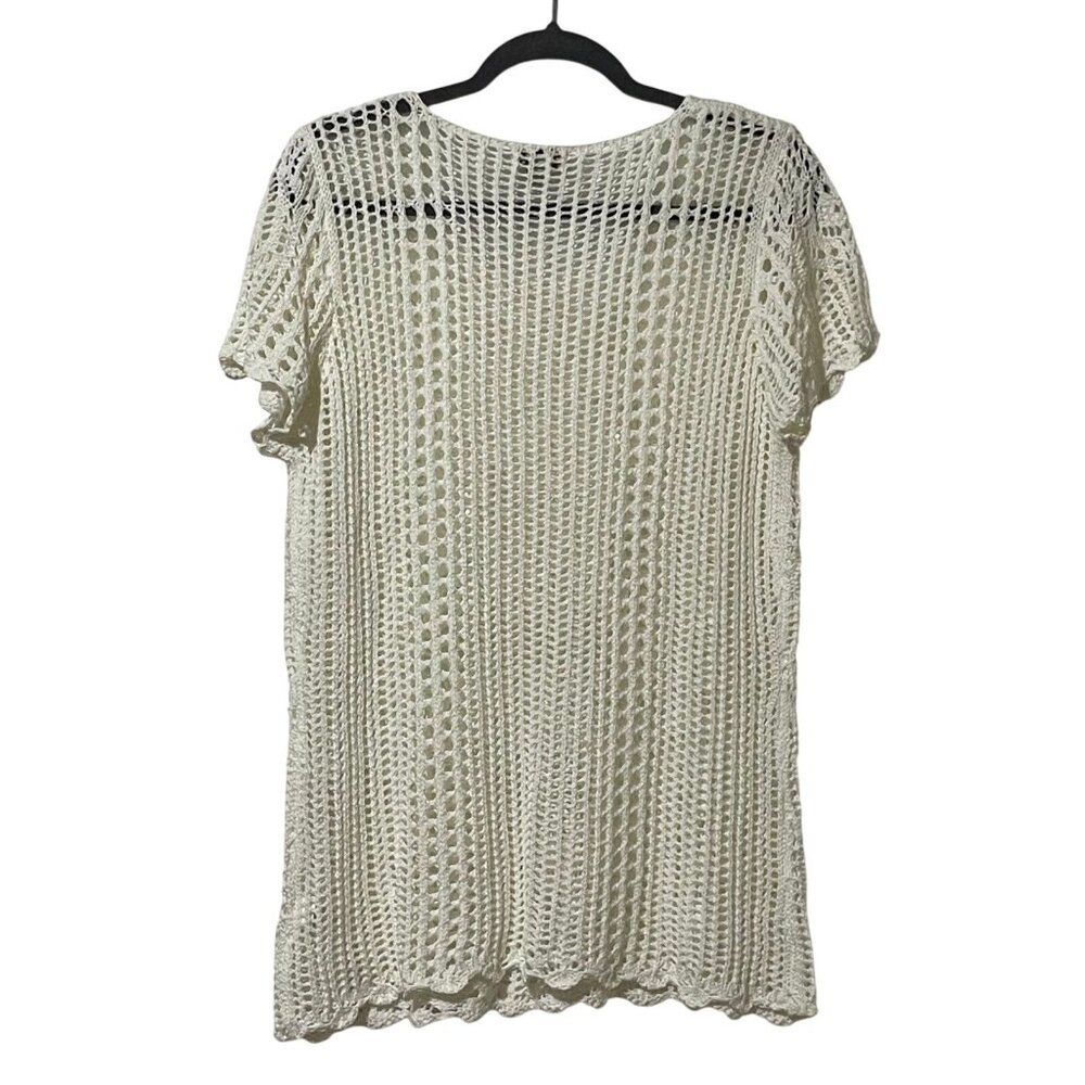 One World Womens Size L Off White Short Sleeve Crochet Knit Top - Picture 3 of 9